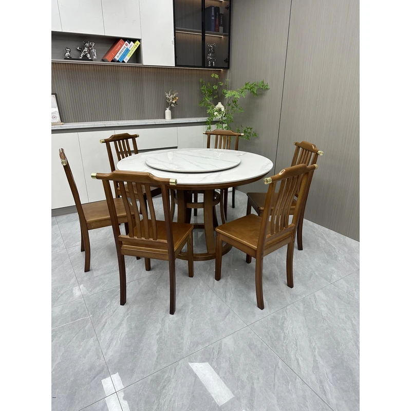 新中式轻奢岩板餐桌椅组合圆形全实木家用小户型饭桌现代简约圆桌