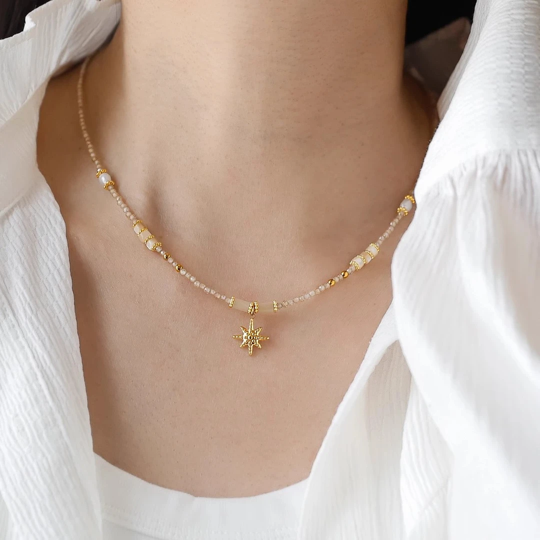 钛钢项链 不掉色八芒星吊坠珍珠串珠项链2025新款锁骨链夏季颈链