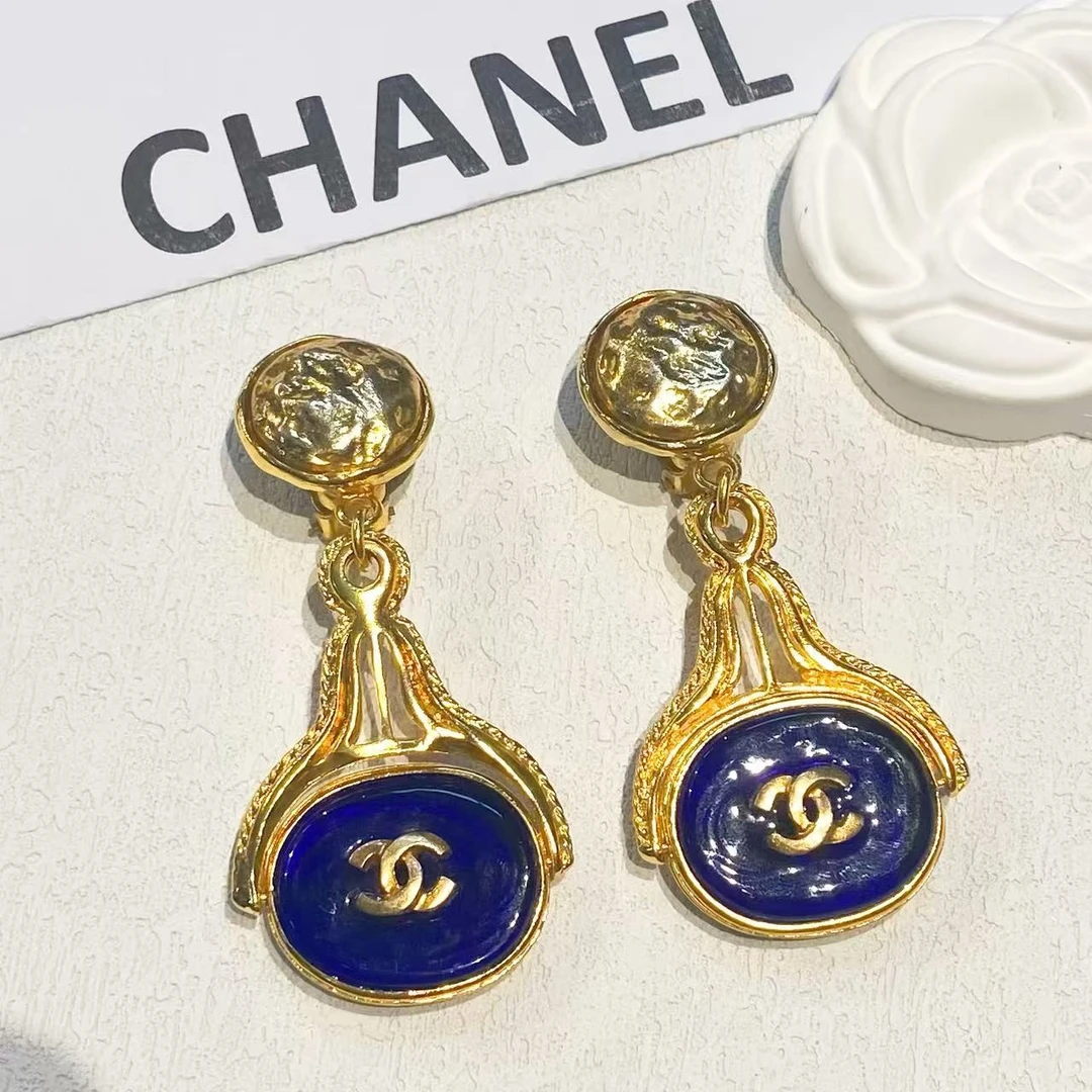 95新 Chanel/香奈儿 中古蓝琉璃双C扫肩素金耳夹/CJ54090