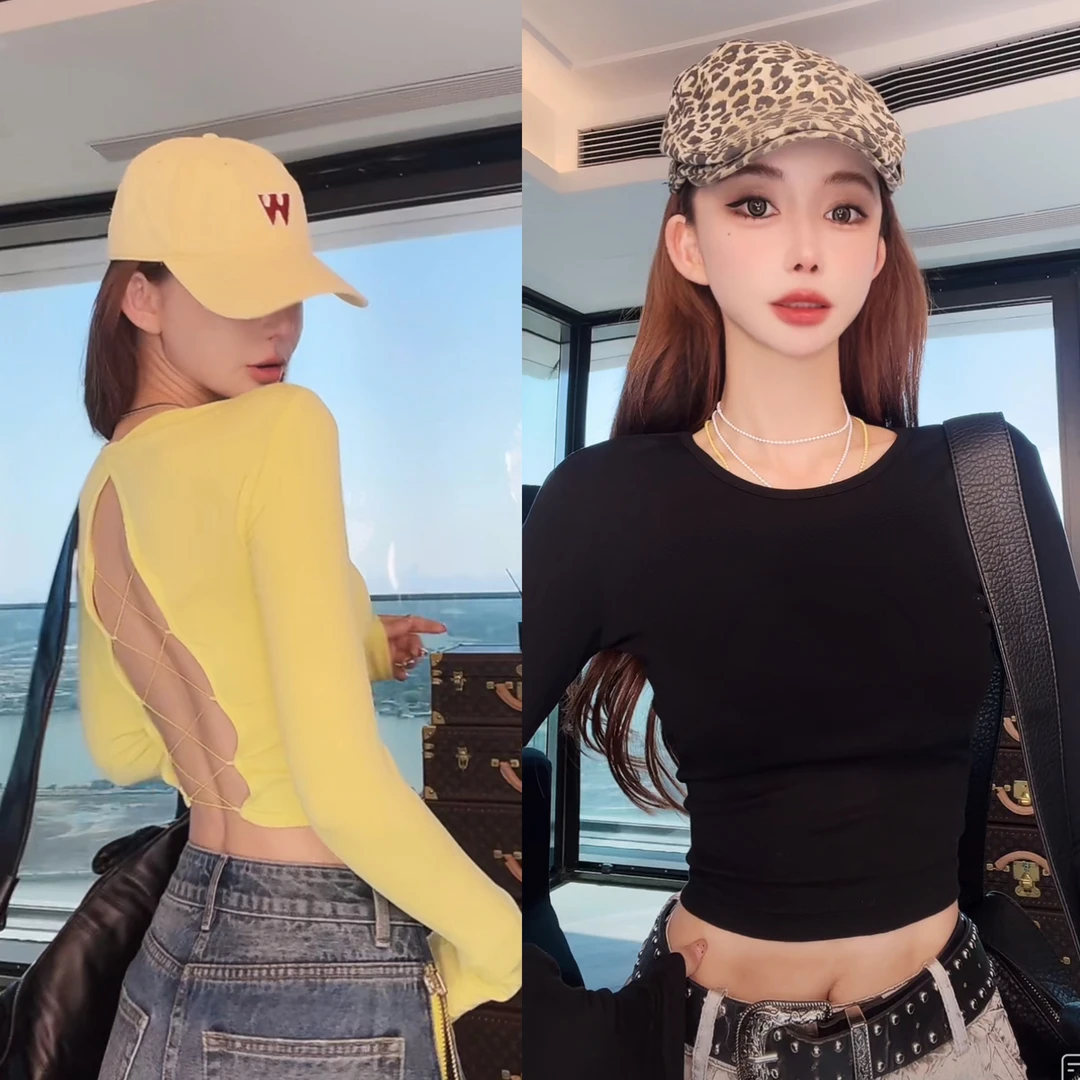 婉君【背影杀手上衣】春款长袖时尚修身圆领百搭上衣LWJ24A1T512