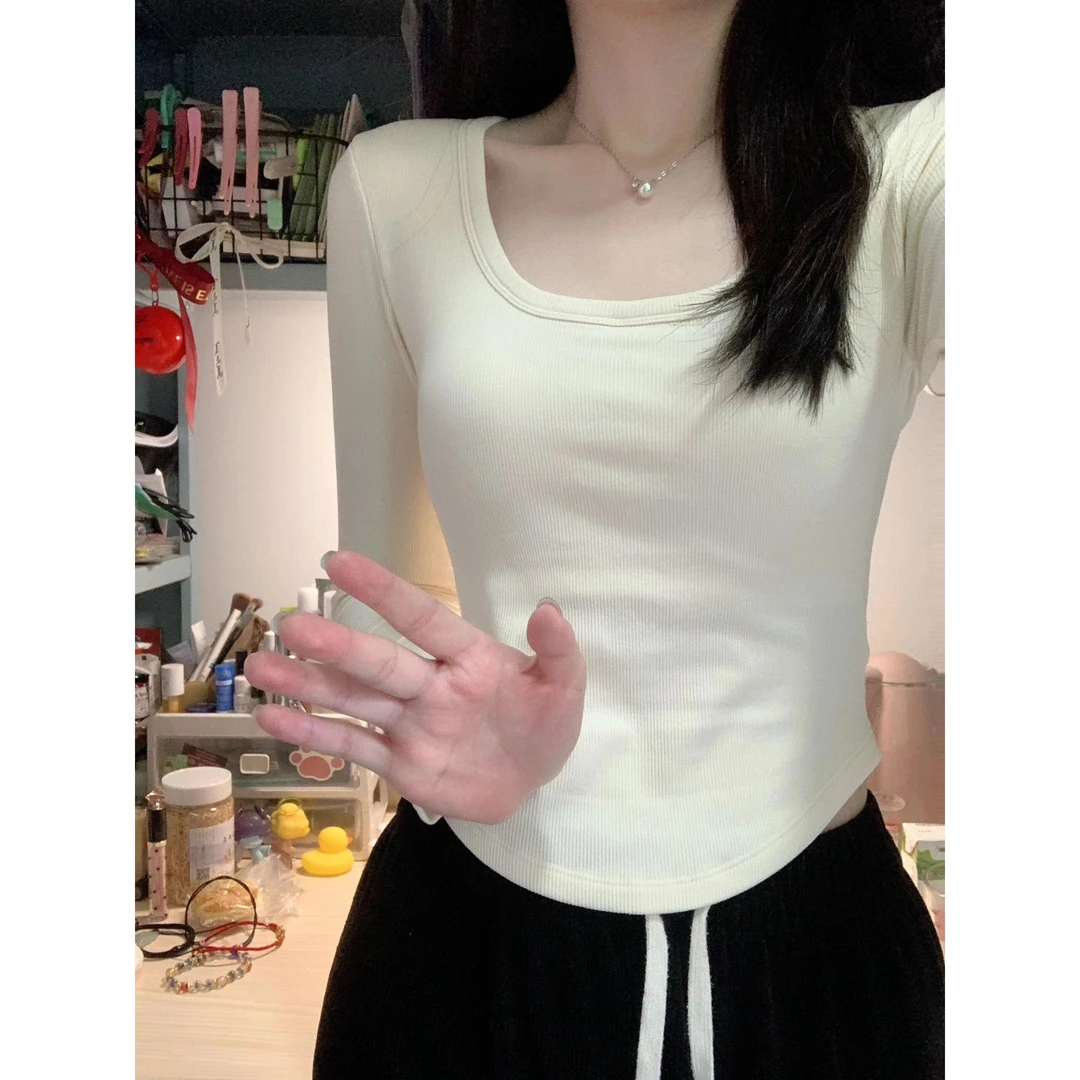 设计感小众方领含棉长袖T恤女春秋内搭短款上衣辣妹修身显瘦上衣