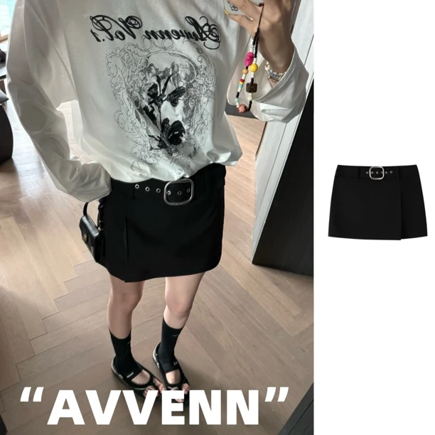 “AVVENN”时尚百搭金属腰扣黑色半身裙女25早秋新品——黑鸭子买手店