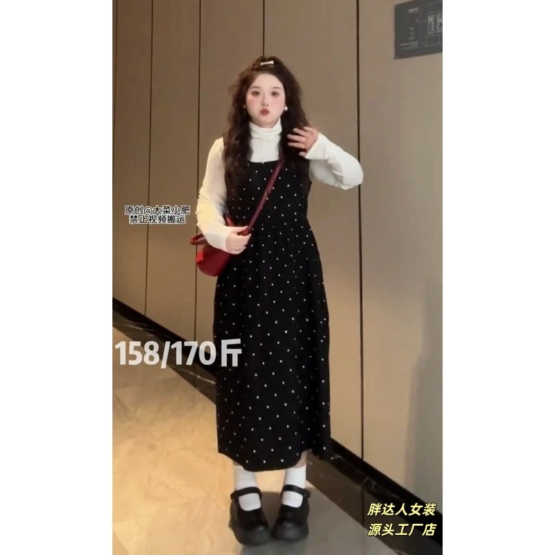 大码时尚波点背带连衣裙两件套长款套装90230#短款套装90231#