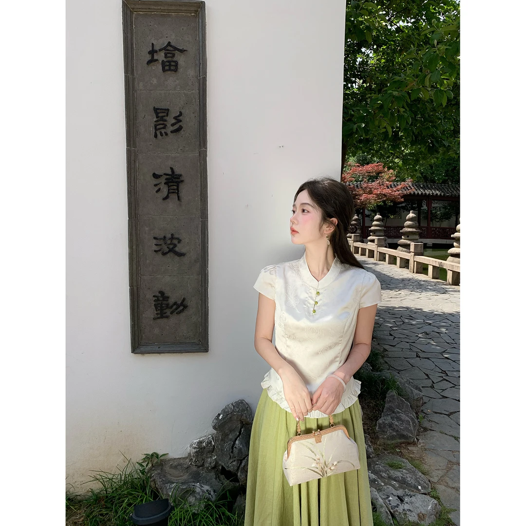 陳文文xenl【云卷抒】夏季新款国风新中式气质收腰显瘦短袖上衣7834