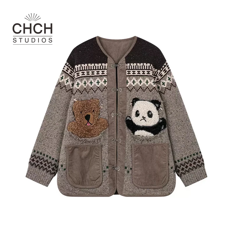 RAQKS12384熊猫冬季新款图案复古棉服毛开衫百搭提花刺绣设计外套