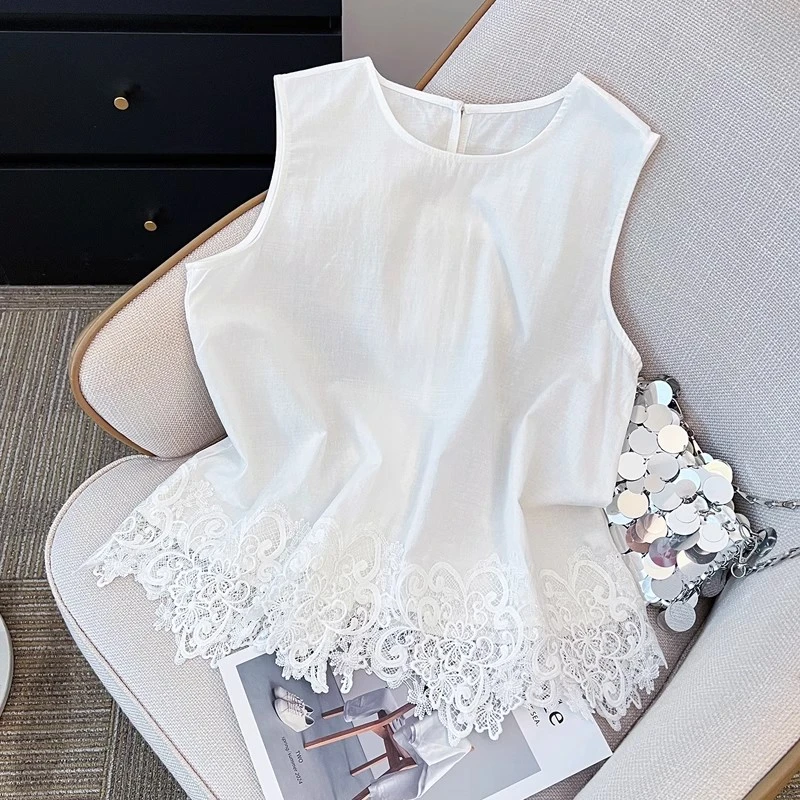2025年夏季背心女外穿法式蕾丝刺绣马甲薄款高端白色气质无袖上衣