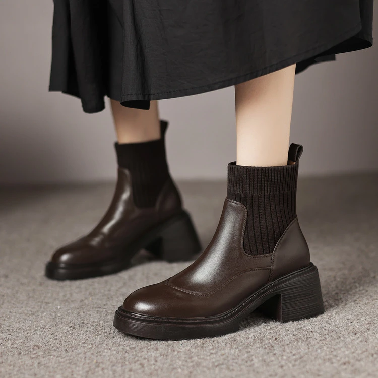 牛皮~6cm秋冬季新款真皮短靴女粗高跟百搭厚底切尔西靴大码404142