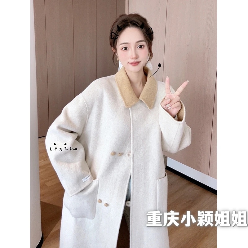 5517 秋冬韩版小个子简约风翻领撞色显瘦时尚气质长款羊毛大衣