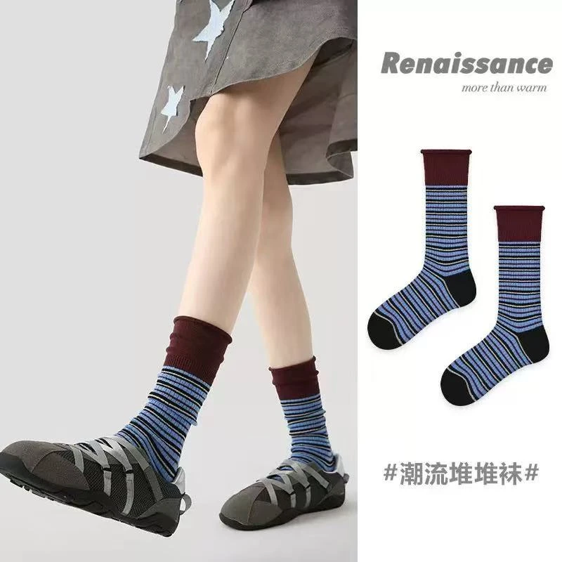 Renaissance原创新款女袜秋冬中筒袜堆堆袜拼色简约条纹袜子ins