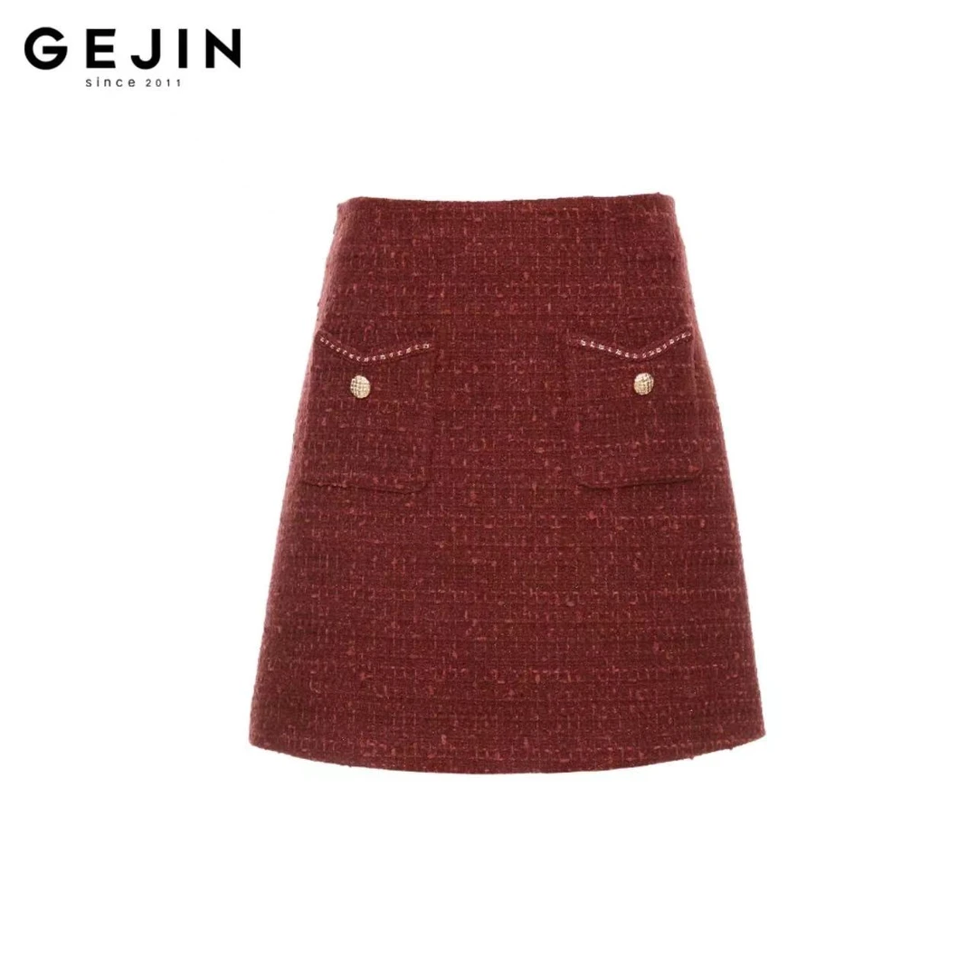 GEJIN/歌锦2025早春新款轻奢气质高腰粗花呢小香风半裙9112510056