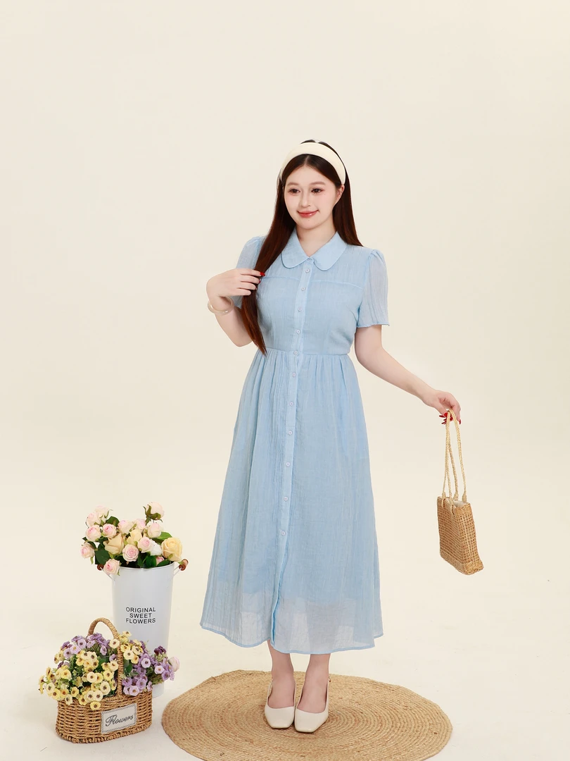 月半鱼现货【天空之镜】章若楠同款高级感气质短袖polo领收腰长裙