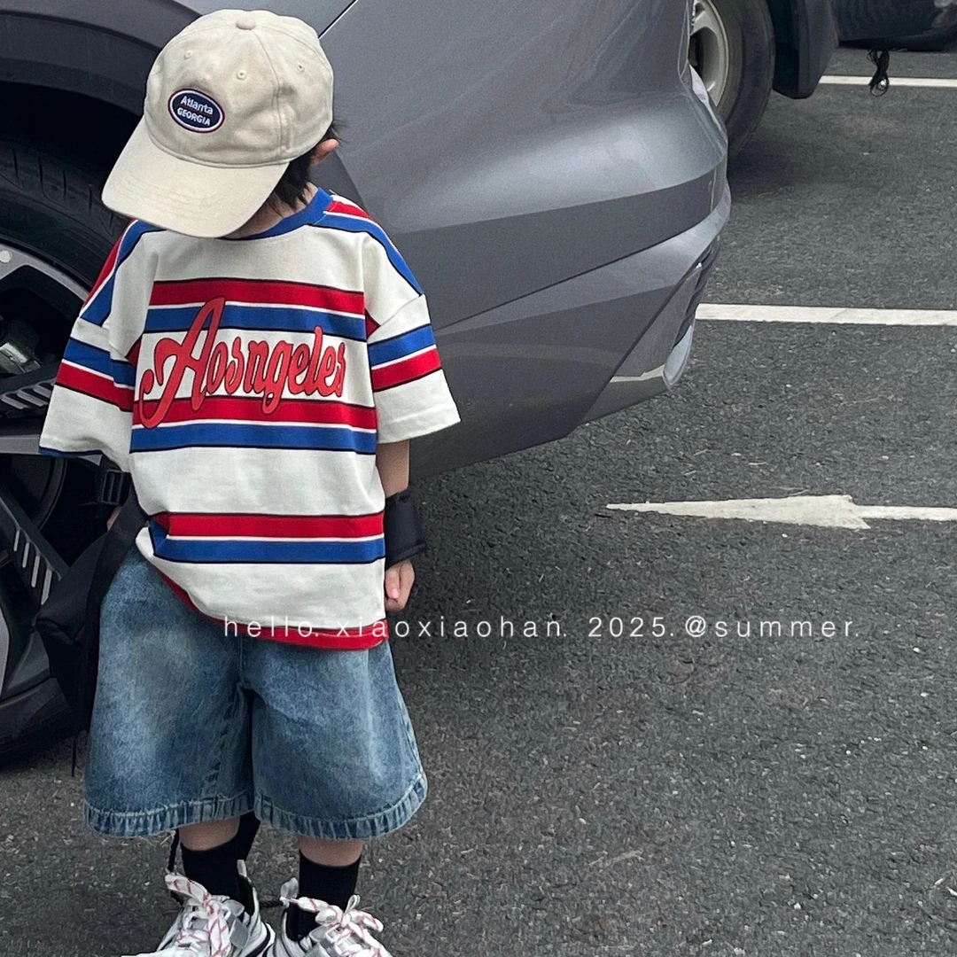 夏装男童t恤短袖潮牌新款夏季帅气条纹中大童上衣儿童半袖韩版潮