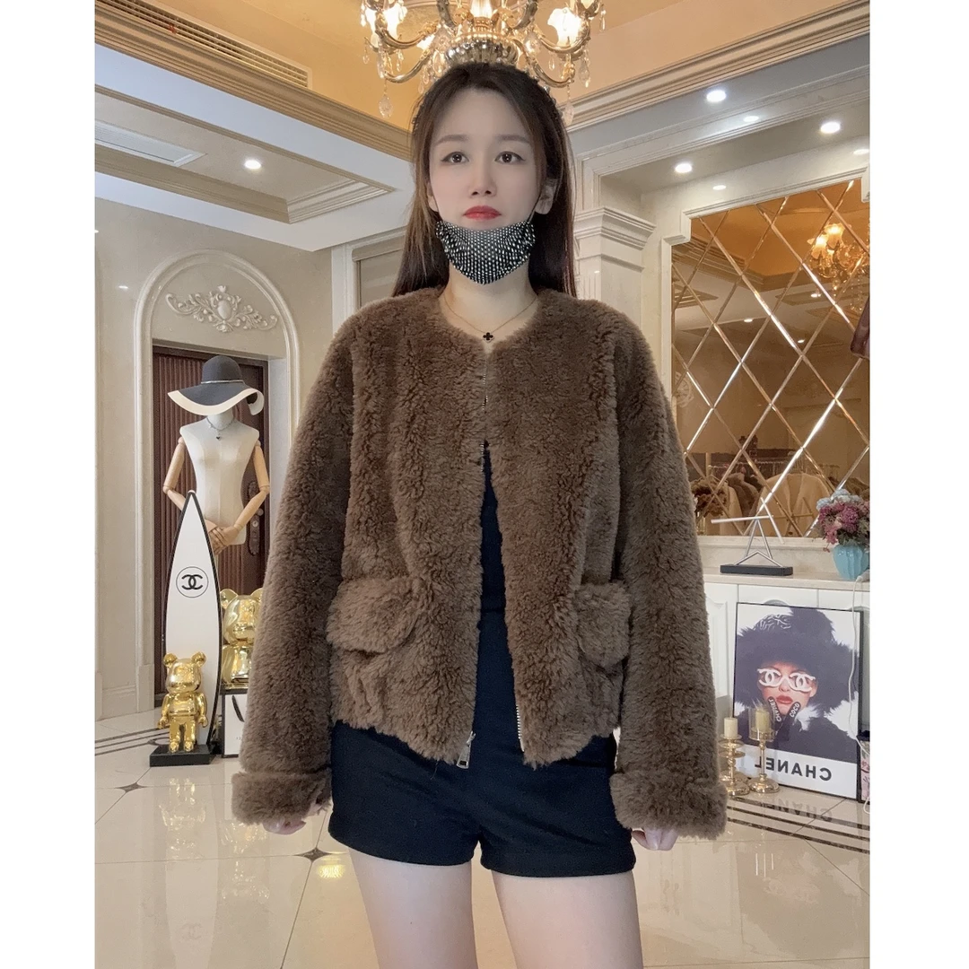 【猫姐家】真毛100%绵羊毛一体皮草外套女真毛短款宽松时尚海宁皮草