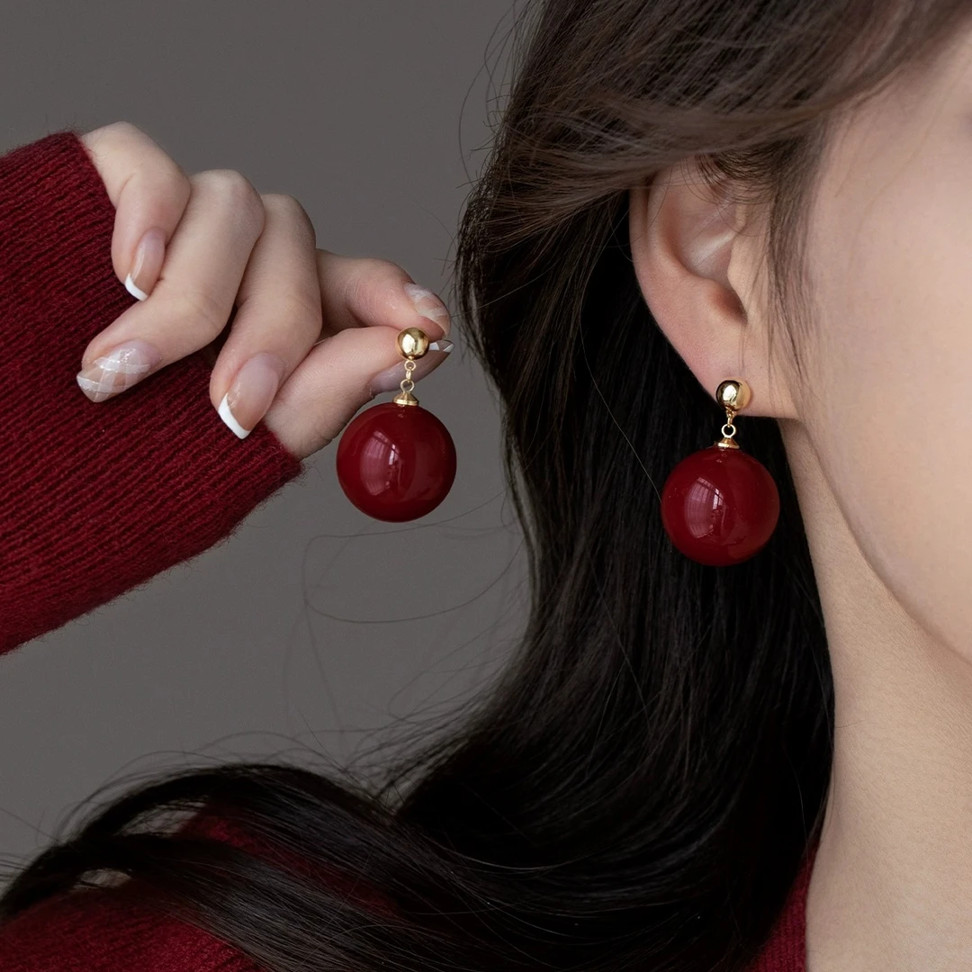 铜合金耳饰 跨年红色大珠珠耳钉女高级感耳饰2025年新款喜庆耳环