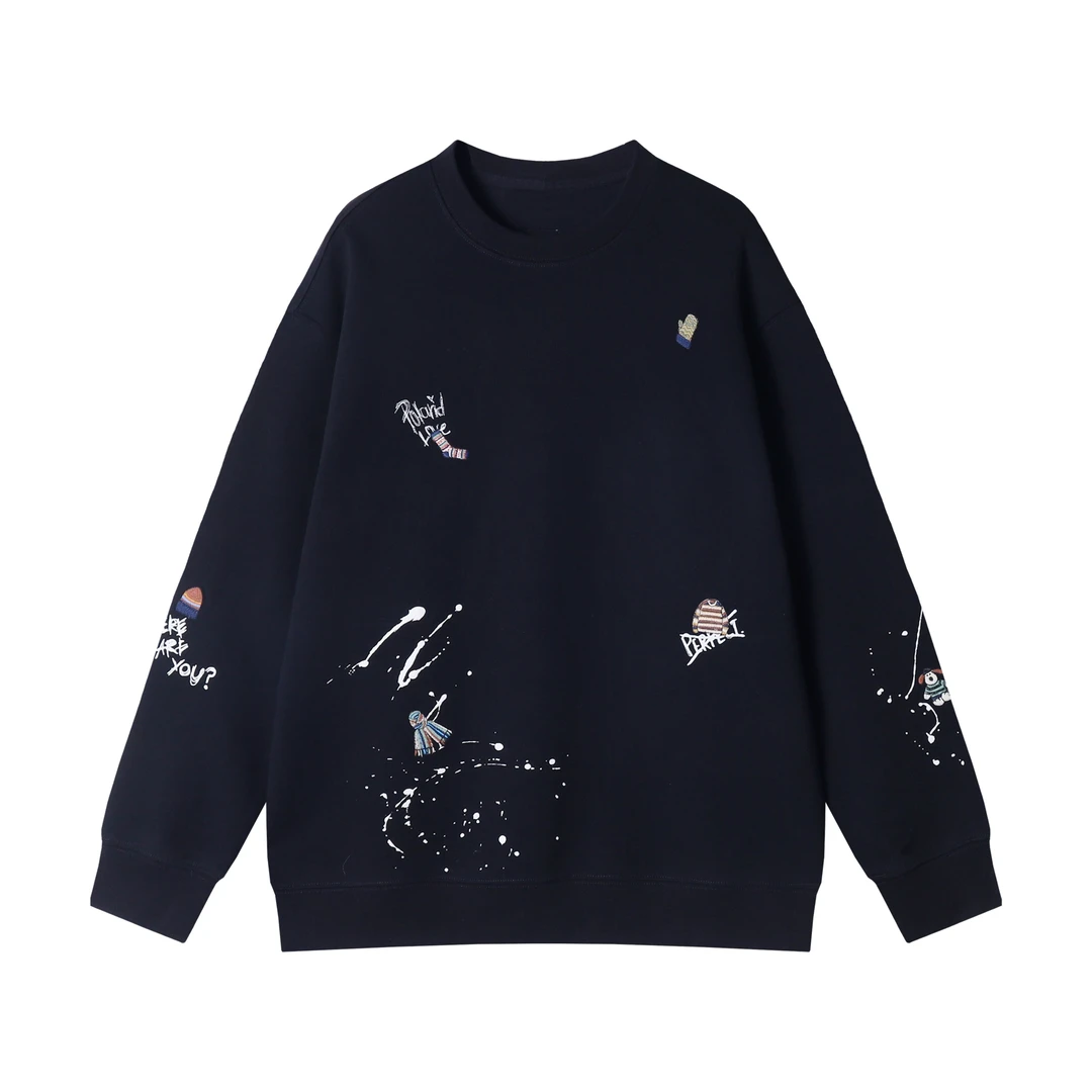 秋冬季新款时尚个性泼墨刺绣套头圆领卫衣情侣宽松潮流上衣