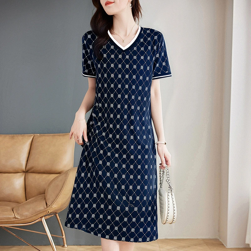 直筒短袖连衣裙女夏季2025新款高级感大码女装纯棉碎花裙子夏天