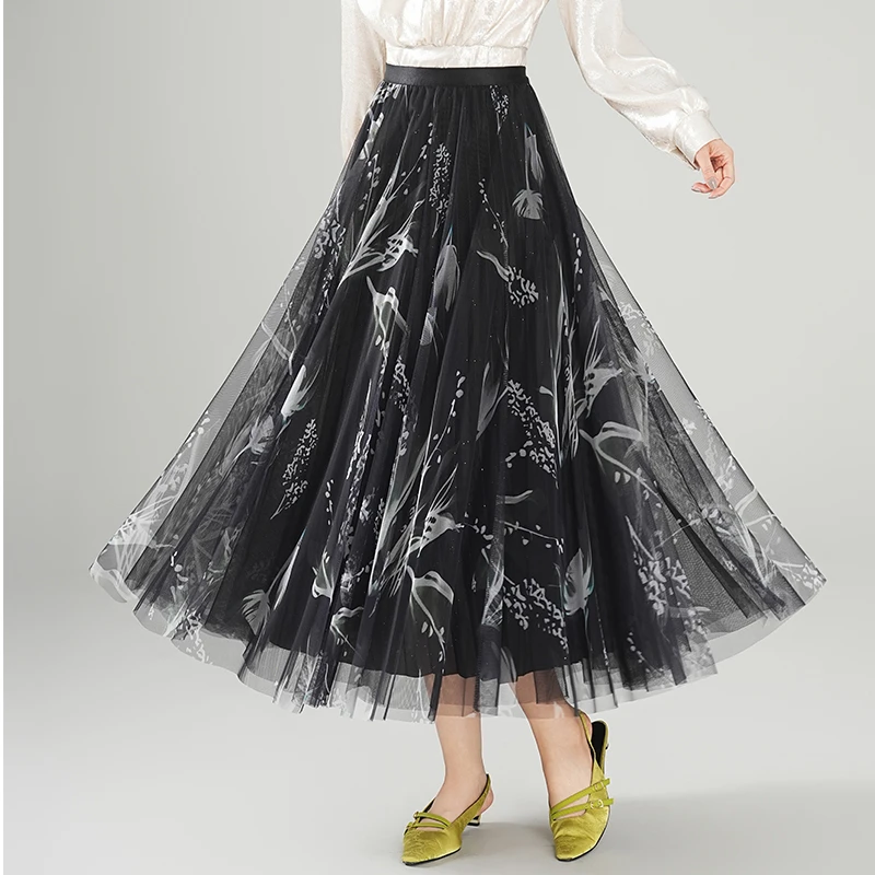 小个子松紧腰印花纱网半身裙2025春季新款韩版时尚洋气减龄A字裙