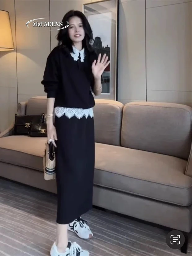 韩版宽松显瘦百搭休闲蕾丝拼接卫衣半身裙时尚套装A12