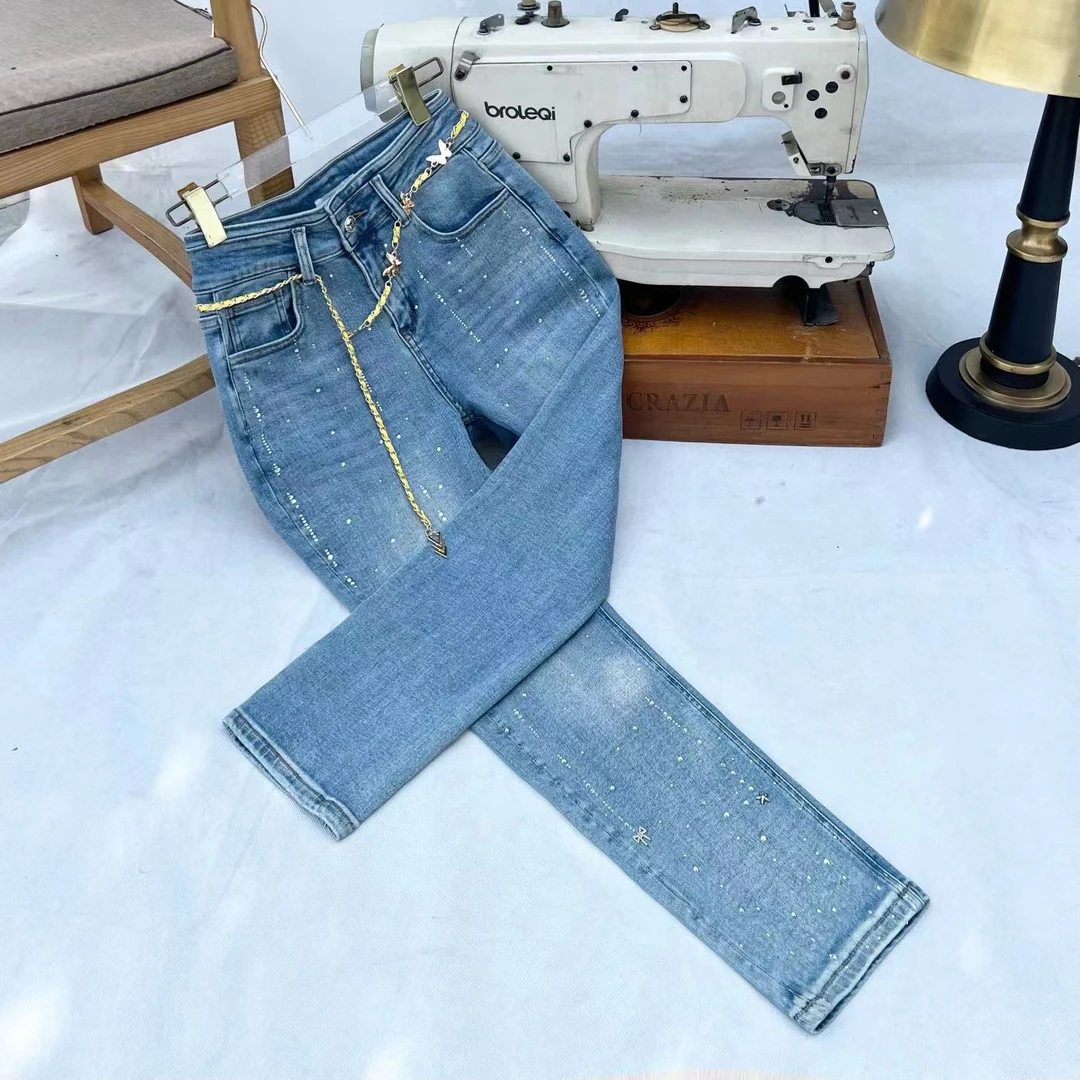 小香风烟管直筒裤秋季新品满天星水晶镶钻弹力窄版直筒牛仔裤6972