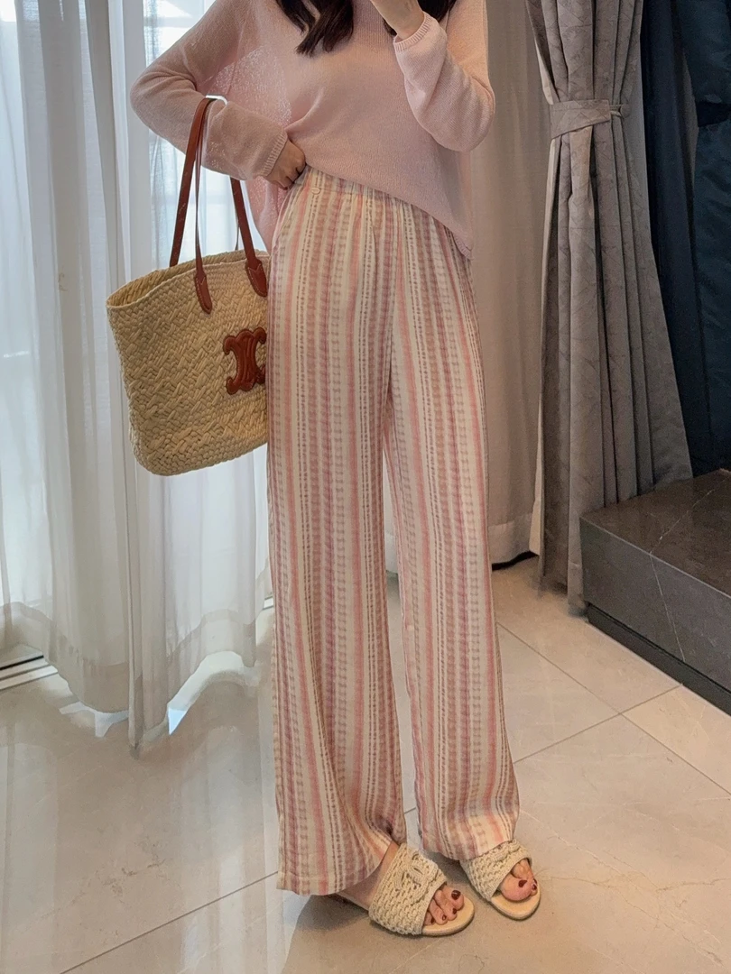 【大静静】韩系~粉色条纹慵懒风夏季薄款时尚百搭宽松休闲裤