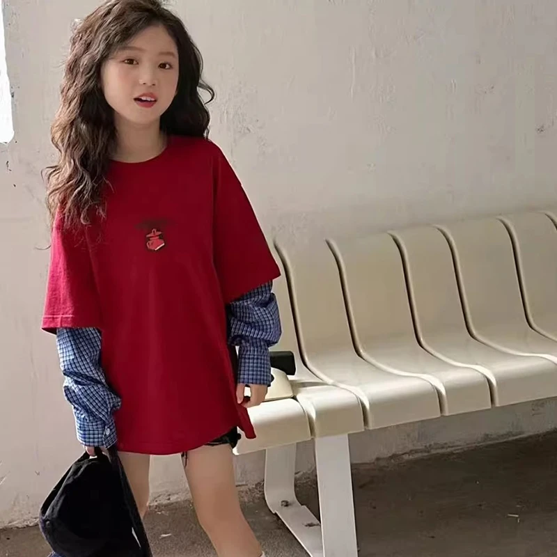 女童长袖T恤2025新款春秋装女孩童装假两件上衣打底衫百搭韩版