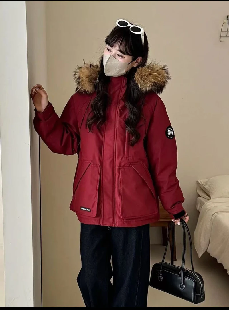 2024年藏蓝色工装羽绒服派克服女短款小个子冬季毛领加厚外套