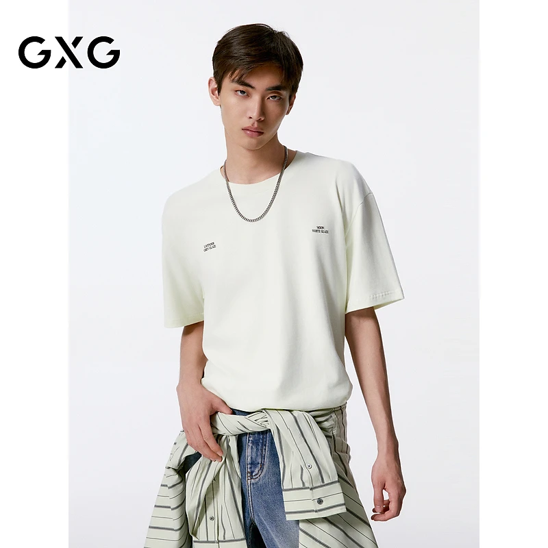 GXG男装 淡黄色字母绣花简约圆领短袖T恤男24秋季新品#G24X443116