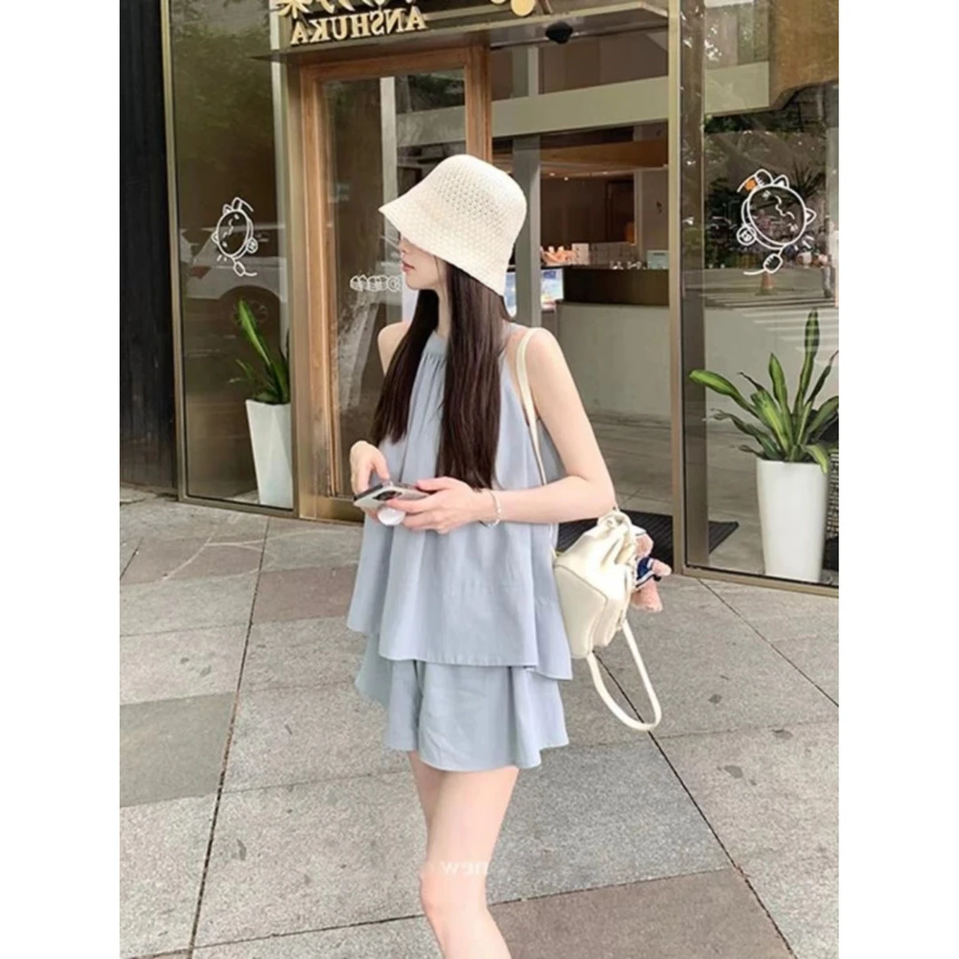 2025新款夏季无袖上衣套装女温柔风设计感小衫休闲宽松短裤两件套