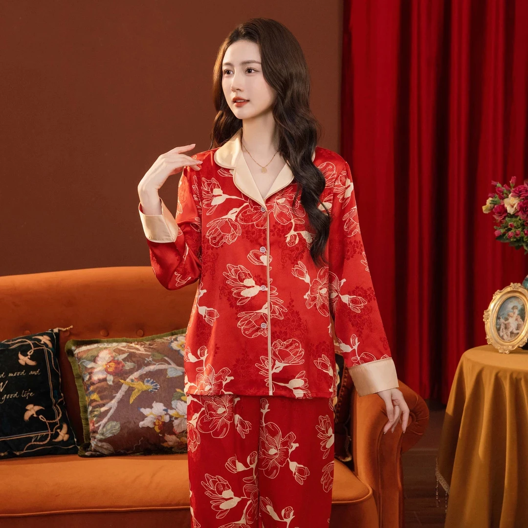 SH故事冰丝睡衣新中式国风丝绸家居服套装仿丝睡衣长款女装大码