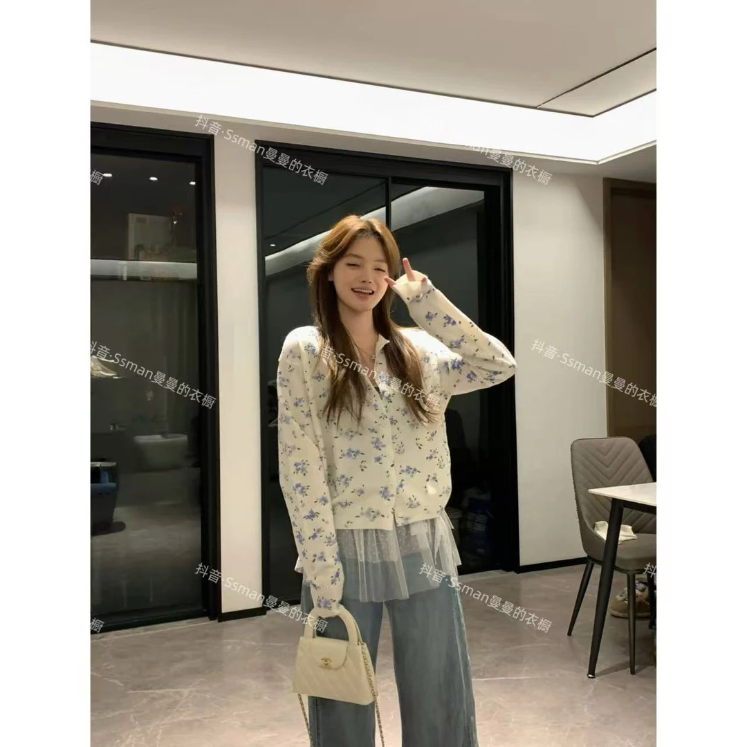 Ssman【蓝色小碎花】温柔时尚小众小碎花设计百搭毛针织衫
