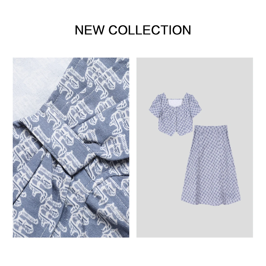 【婷婷专属】D1F27035 夏季复古套装：字母印花短袖上衣+高腰长裙