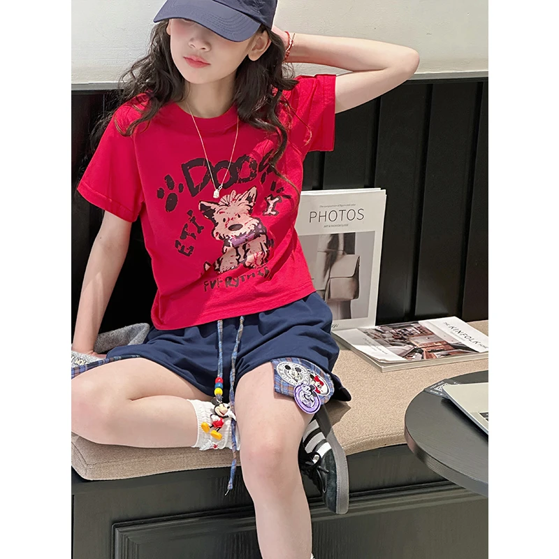 K28787韩系女童短款T恤2025夏装新款儿童短袖上衣女大童休闲衣服t