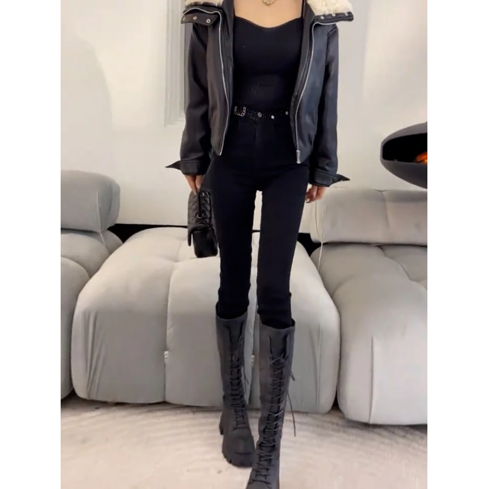 黑色高腰弹力小脚牛仔裤女秋冬加绒大码修身显瘦小个子九分铅笔裤