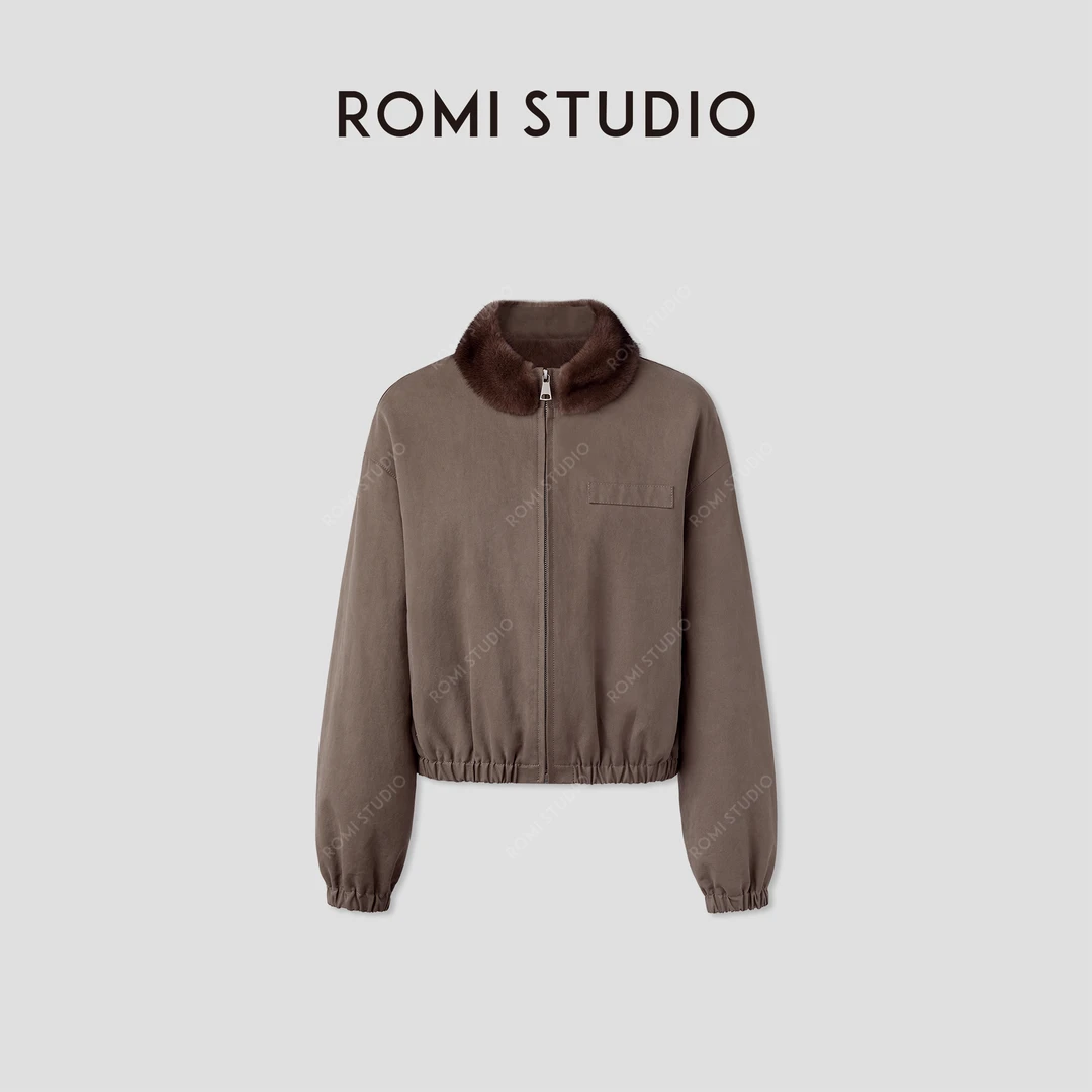 ROMI STUDIO“加拿大农夫色”紫水貂白鹅绒翻领皮草外套RWCWW05192