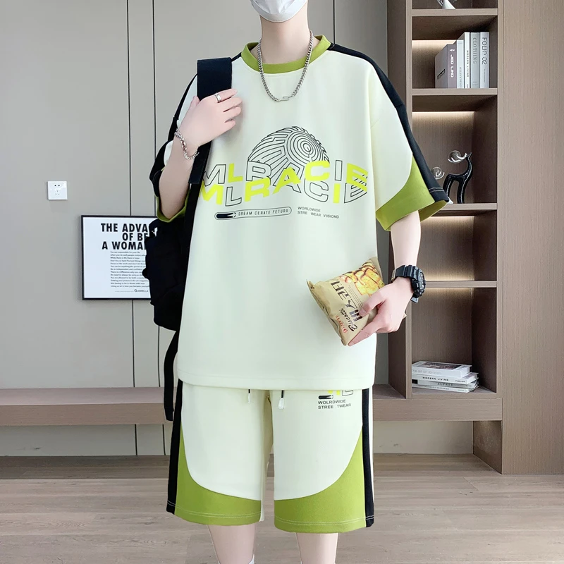 短裤夏季短袖胖男生休闲运动套装男士休闲印花ins假两件学生