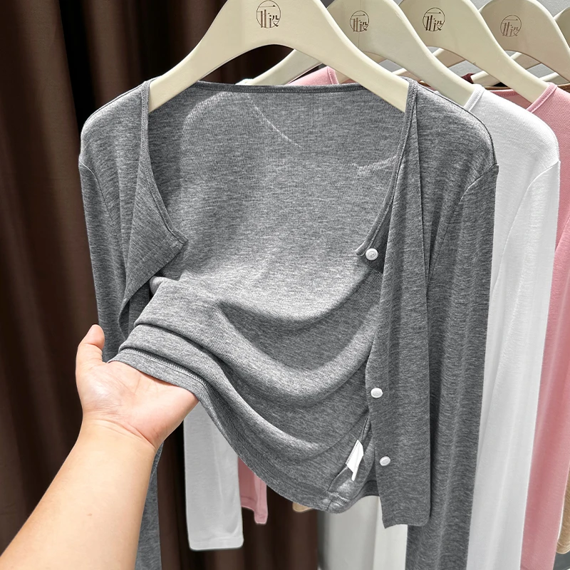 灰色冰丝针织防晒开衫女夏季配旗袍裙子外搭披肩薄款空调罩衫上衣