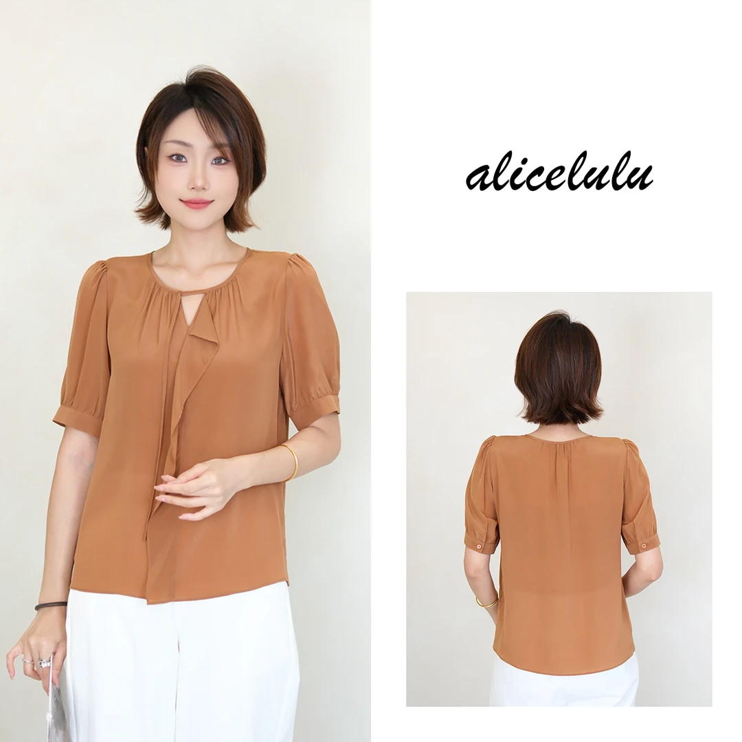 [alicelulu]知性优雅风桑蚕丝短袖圆领镂空衬衫S2143969L