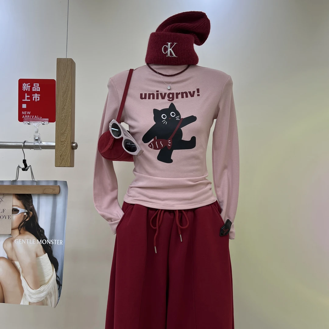 秋冬2025半高领修身显瘦卡通印花长袖加绒加厚内搭新款打底衫上衣