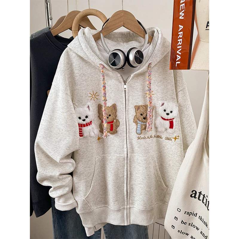 大码胖mm宽松显瘦连帽卫衣外套女秋冬季加绒加厚遮肚子刺绣上衣服