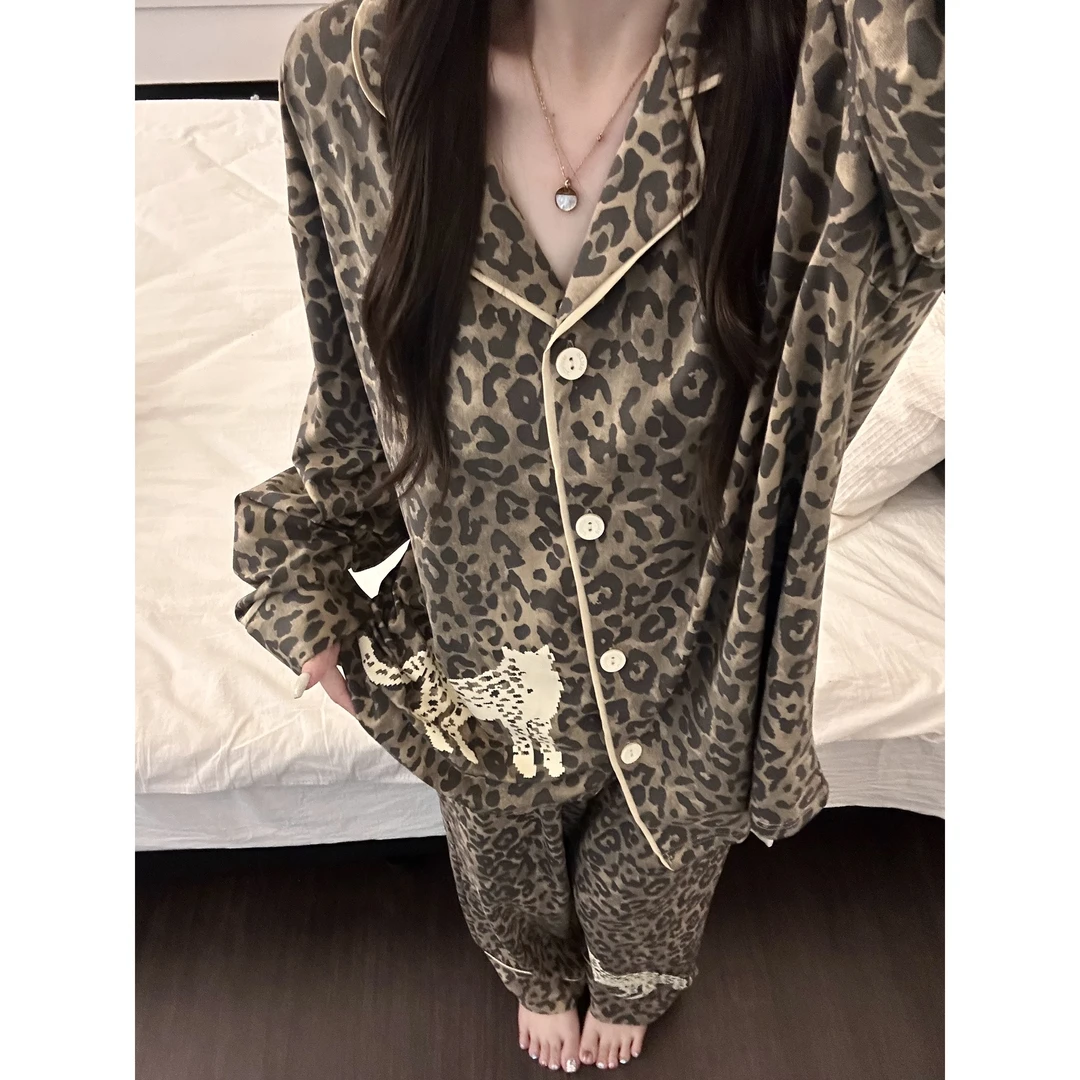 慵懒风纯欲豹纹印花睡衣女秋季新款大码长袖长裤家居服套装可外穿