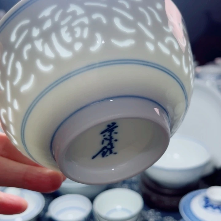 青花玲珑5寸饭碗满雕双福双线