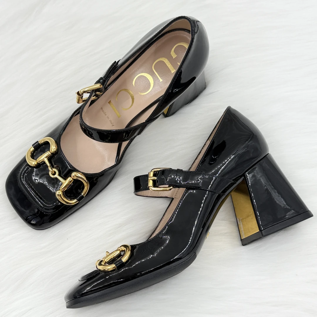 99新 GUCCI/古驰 马衔扣粗跟玛丽珍鞋 36.5码 公价8k c0939