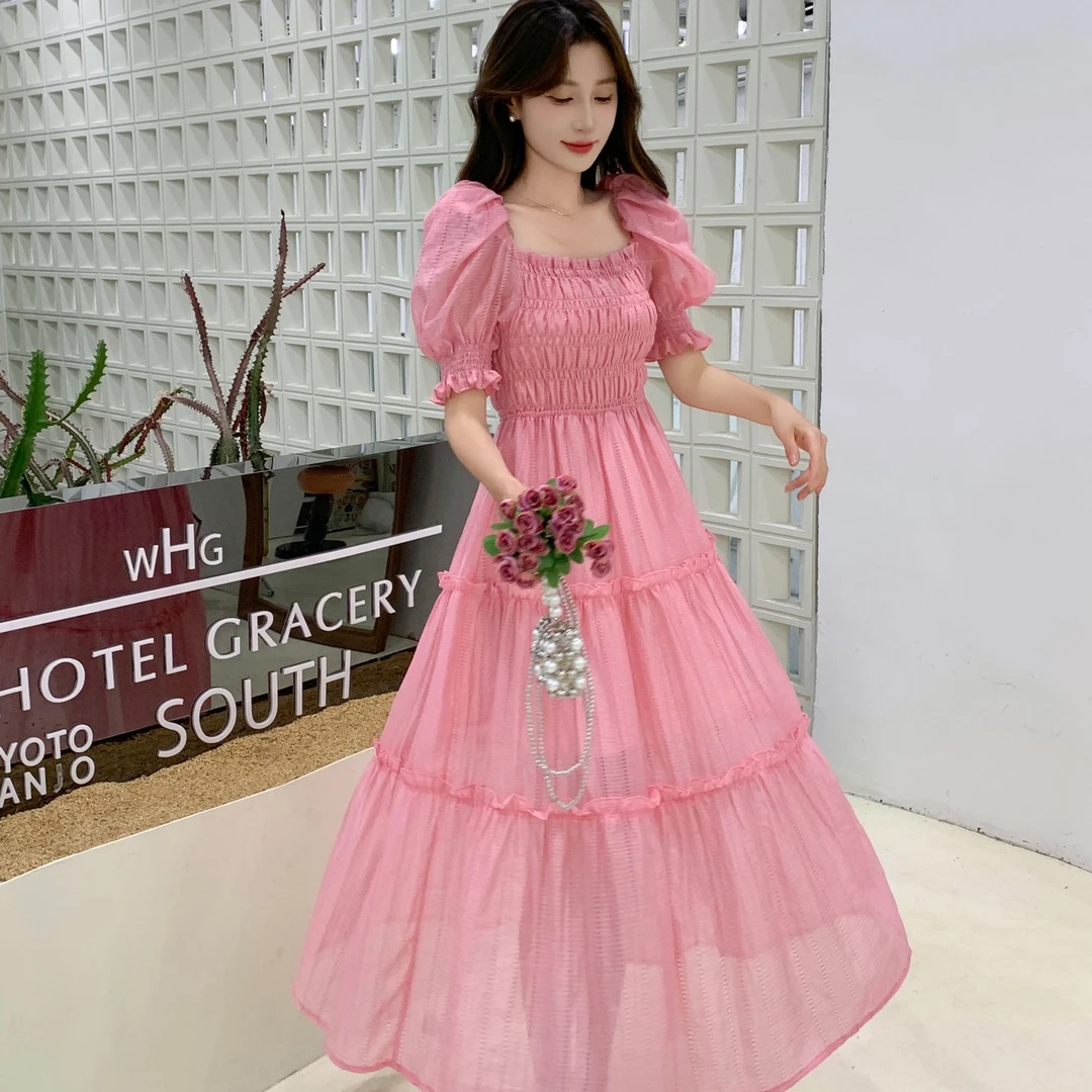 （橙子专属）法式方领褶皱短袖连衣裙女夏季新款收腰显瘦气质a字裙