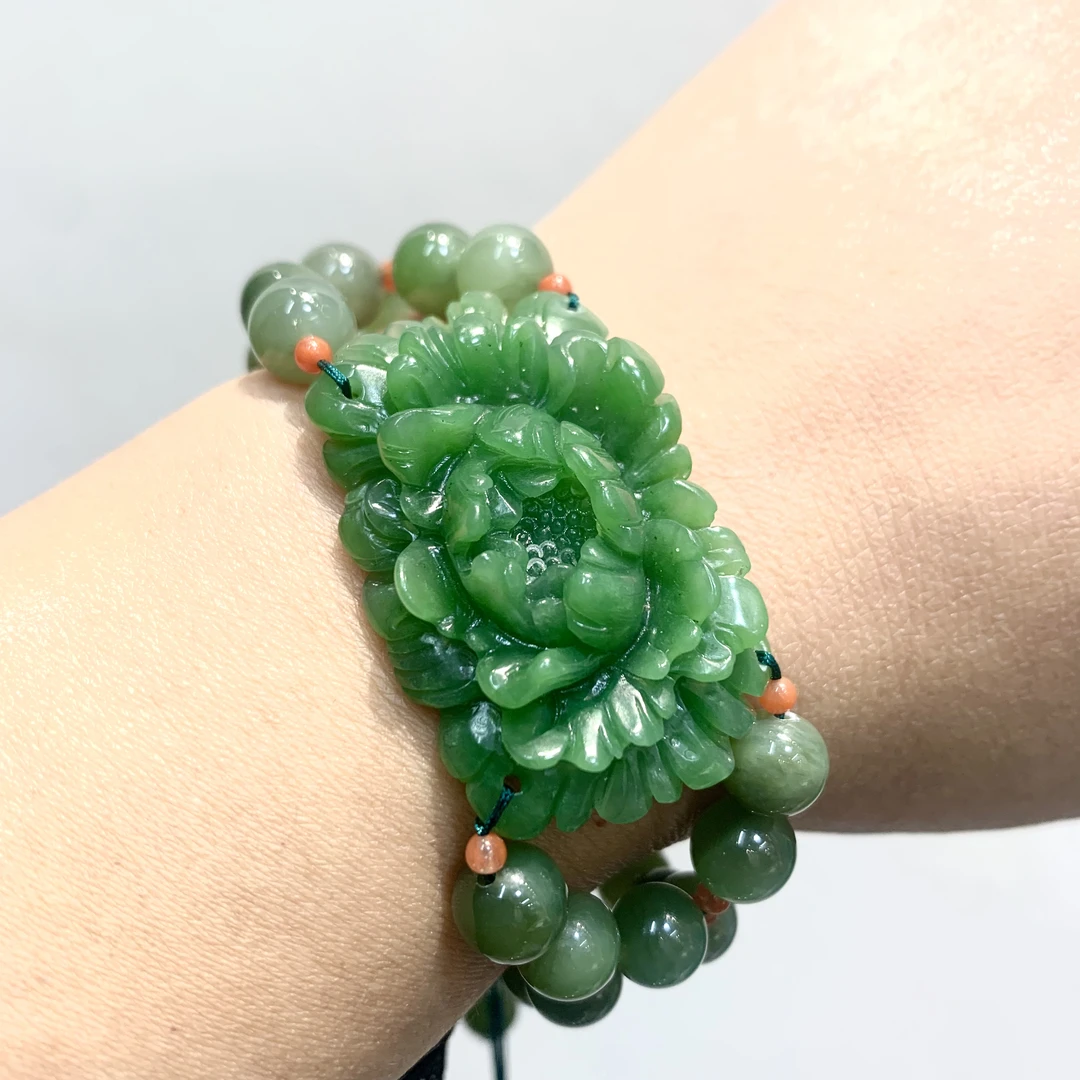 和田玉碧玉精品牡丹花手链手串