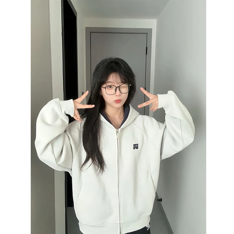 美式重磅刺绣开衫卫衣男款秋季潮牌硬挺连帽衫高级感情侣短款外套