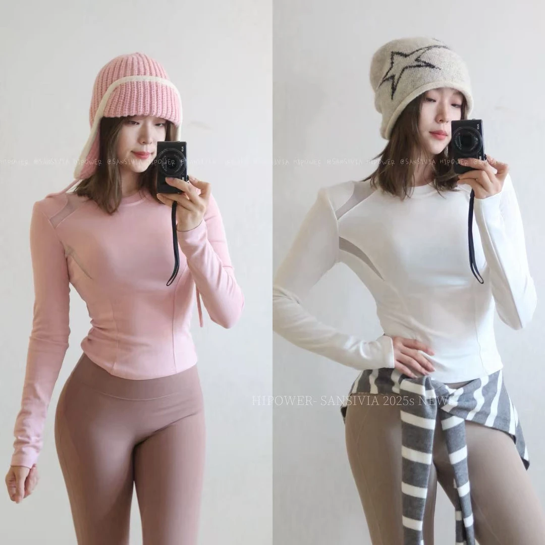 HIPOWER镂空网加绒拼接运动健身T恤秋冬加厚保暖长袖带垫肩女上衣