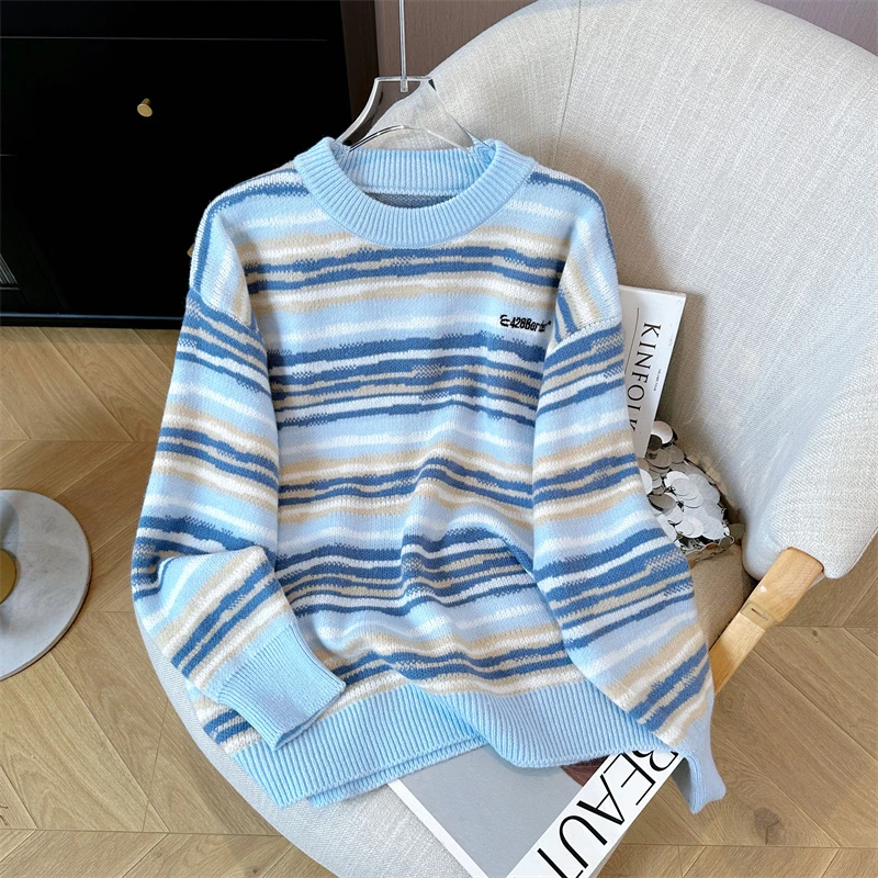 女大童圆领条纹毛衣秋冬外穿初中生学院风13岁少女套头针织衫上衣