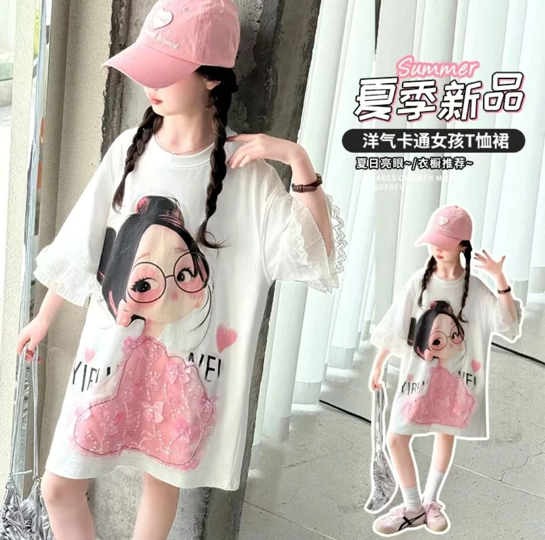 女童蕾丝短袖t恤裙夏装新款2025中大童卡通宽松体恤中长款甜美风