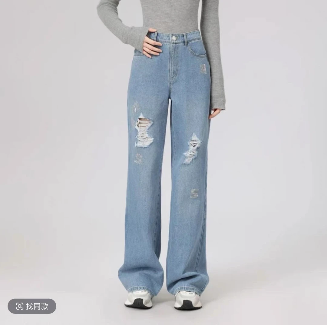 新款时尚百搭高腰宽松烫钻破洞牛仔裤510008