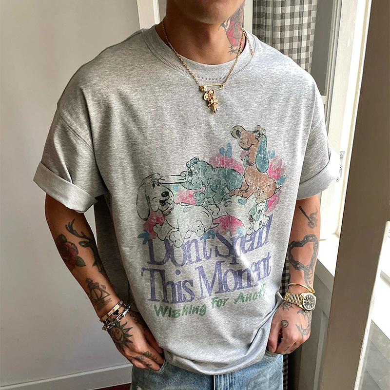 OXFREAK 「复古小狗涂鸦」美式复古灰色短袖t恤男圆领宽松五分袖